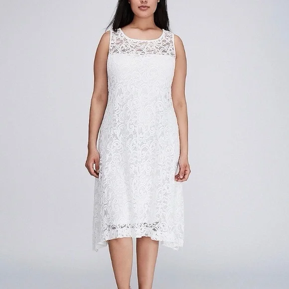 Lane Bryant White Lace Dress Asymmetrical Hem Knee Length, SZ 18/20
